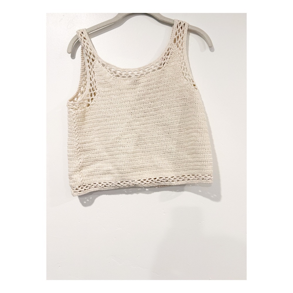 Styleworks Vintage Crochet Lace Up Tank Top Cream Floral Rose Applique Large - Picture 3 of 3
